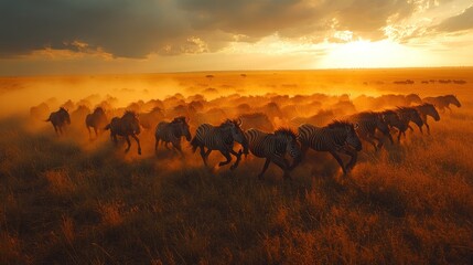 a herd of zebras run across the savanna at sunset, kicking up dust in their wake. the sun is setting
