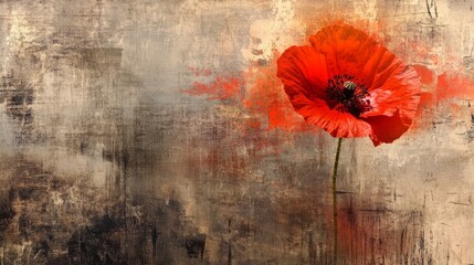 Poster - abstract art featuring a red poppy merging with an old war photograph, illustrating the timeless nat