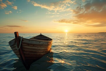 Wooden boat in the sea at sunset. Vintage style toned picture