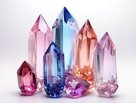 Wonderful Faceted gemstone formations reflecting light and color on a blank white backdrop