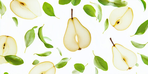 Aufkleber - Pattern of pear halves and leaves falling on white background