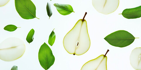 Aufkleber - Fresh pear halves and green leaves pattern on white background