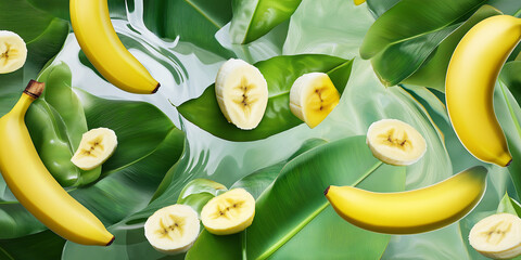 Poster - Ripe banana slices and whole bananas floating on water with tropical leaves