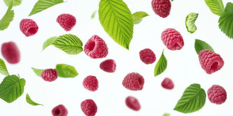 Poster - Ripe raspberries and green leaves falling on white background