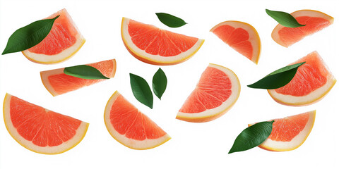 Aufkleber - Many grapefruit slices with leaves falling on a white background
