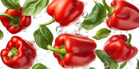 Poster - Red bell peppers and basil leaves floating in water with air bubbles