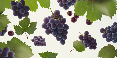 Poster - Fresh purple grapes falling with green leaves on white background