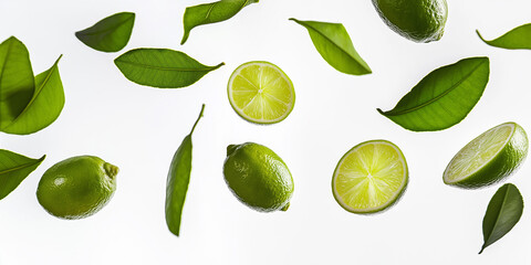 Poster - Fresh limes and leaves falling on white background