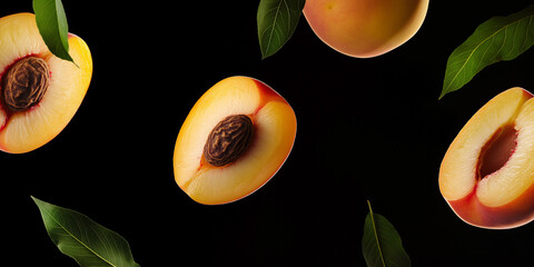 Poster - Ripe peaches with leaves falling on black background