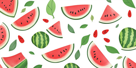 Fototapete - Watermelon slices and leaves forming a pattern on white background