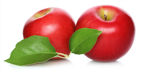 Poster - Two ripe red apples lying with green leaves on white