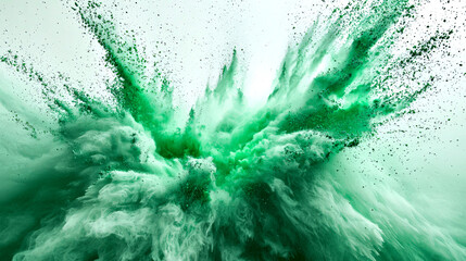 Wall Mural - A powerful chemical green storm. A green explosion of white and green particles of holi paints on a white background. The explosion is so powerful