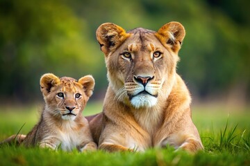 Lioness and lion cub on grass looking into distance