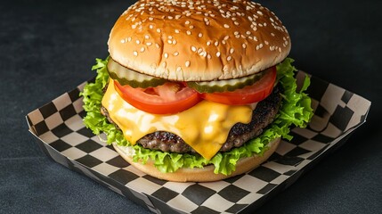 Double cheeseburger with lettuce, tomato, and special sauce, served in a checkered paper tray, street vibes