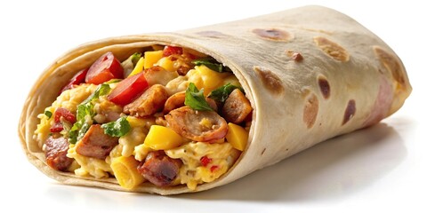 Loaded breakfast burrito with bacon on plate