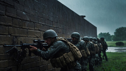 Soldiers in combat gear take cover during rainy tactical operation