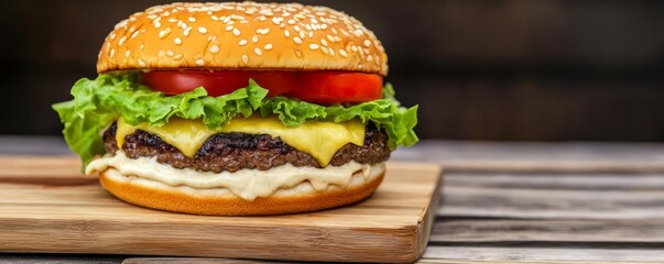 Gourmet cheeseburger with lettuce, tomato, and special sauce, wooden serving board, vibrant food truck scene