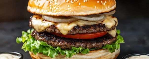 Gourmet double cheeseburger with lettuce, tomato, and grilled onions, street food ambiance, night scene