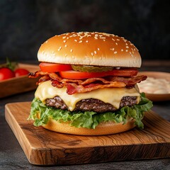 Gourmet double cheeseburger with bacon, lettuce, and tomato, served on a wooden board, night market