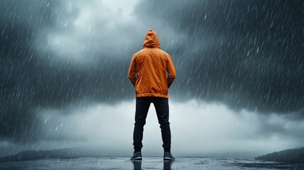 a figure standing in the rain, with ominous clouds overhead, represents a depressing and hopeless mo