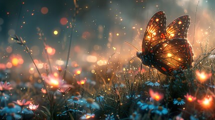 Wall Mural - Glowing Butterfly in a Field of Flowers - Nature Photography