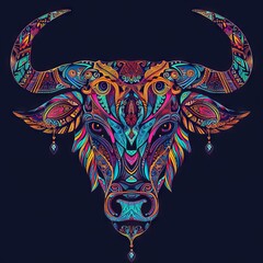 Bull head with vibrant tribal patterns.