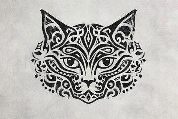 Poster - Cat head with tribal designs in a drawing book style.