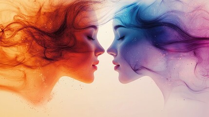 Two women with flowing hair in vibrant orange and blue colors, facing each other with closed eyes, suggesting a connection or balance.