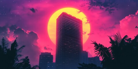 Wall Mural - Dark silhouette of a skyscraper with a unique synthwave aesthetic, set against a glowing sunset.