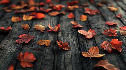 Wall Mural - Detailed rendering of autumn leaves scattered on a rustic wooden table, perfect for a Thanksgiving theme.