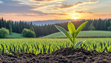 The fields under the sunset glow, a small plant on the fertile land in front of the picture, and the undulating forest and sky in the distance, creating a natural landscape