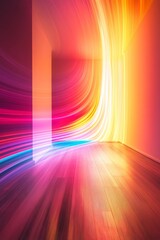 Dynamic light trails in a modern interior space with a wooden floor, showcasing vibrant and colorful abstract patterns.