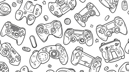 Seamless Line Art Pattern of Video Game Controllers on White Background