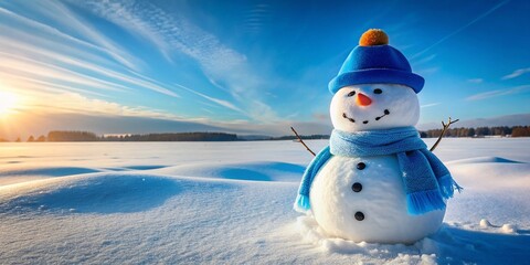 Smiling Snowman with Blue Hat in Sunny Winter Field - Perfect Winter Landscape for Holiday Cheer