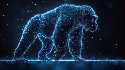 Wall Mural - A digital rendering of a gorilla, made up of blue glowing particles, walking on a dark background with small, blurred lights.