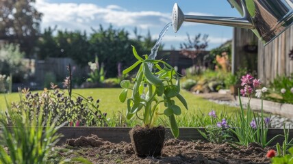 Watering Bean Plant in Sunlight, Nurturing Growth in a Garden on a Bright Day