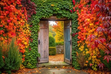 Wall Mural - Low angle view of a door to a private garden surrounded by colorful autumn leaves