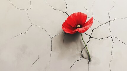 Poster - Abstract illustration of a red poppy breaking through a cracked war memorial, representing renewal and hope.