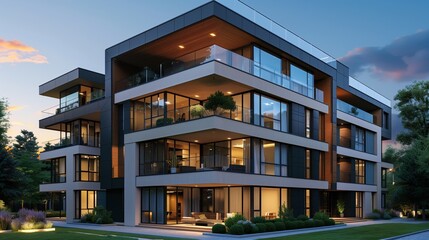 Modern apartment building with large glass windows and wooden accents