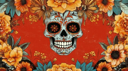 Wall Mural - A beautifully detailed sugar skull adorned with vibrant flowers, celebrating the Day of the Dead on a striking red background.