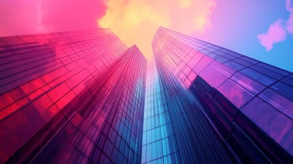 Artistic representation of a synthwave skyscraper, combined with dynamic neon colors and urban designs in double exposure.