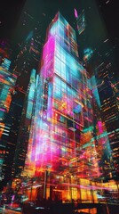 Sticker - Artistic representation of a synthwave skyscraper, with a double exposure effect incorporating dynamic neon and urban elements.