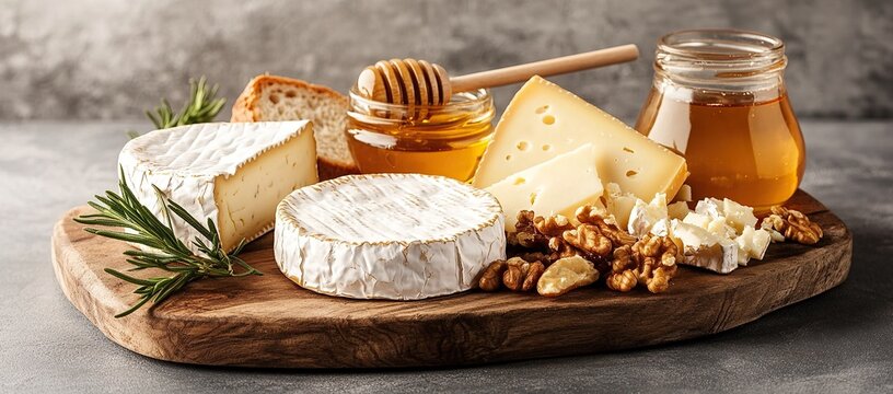 A wooden board with various types of cheese, including brie and camembert slices