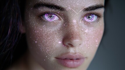 Canvas Print - Futuristic Woman with Glowing Eyes and Glittery Skin   Digital Art