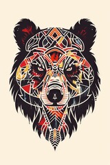 Canvas Print - Bear head silhouette featuring colorful tribal ornaments.