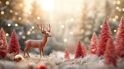 Wall Mural - christmas deer decoration with red trees on bokeh background