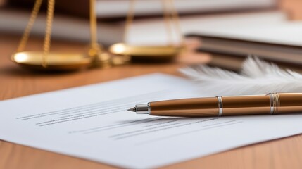 legal documents with a pen and scales of justice on a wooden desk.