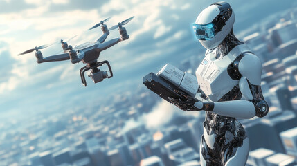 Poster - A robot or cyborg uses a virtual map to launch a drone, delivering packages automatically. This futuristic illustration shows a drone delivery system powered by artificial intelligence.