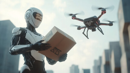 Poster - A robot or cyborg uses a virtual map to launch a drone, delivering packages automatically. This futuristic illustration shows a drone delivery system powered by artificial intelligence.