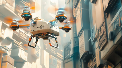 Poster - A robot or cyborg uses a virtual map to launch a drone, delivering packages automatically. This futuristic illustration shows a drone delivery system powered by artificial intelligence.